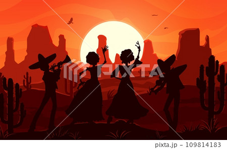 Mexican desert sunset landscape. Silhouettes of dancing women and musicians with sombrero hats on vector background of Wild West desert mountains, cactuses, setting sun and birds in orange sky 109814183