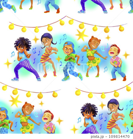 Cartoon seamless pattern with cheerful boys and girls dancing in kids party. Celebrating concept. Creative decor for fabrics, packaging, textiles, wallpaper, clothing 109814470