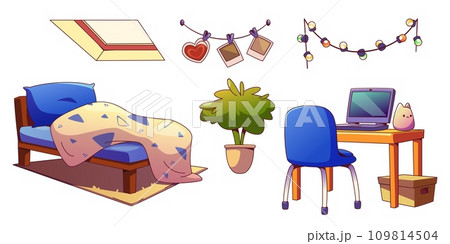 Attic bedroom interior furniture and equipment. 109814504