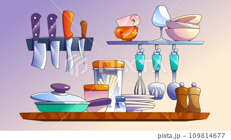 Cartoon wooden kitchen shelf with utensil 109814677