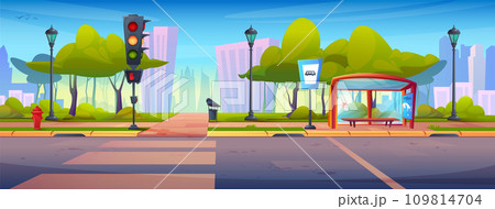 Cartoon summer city street landscape with sidewalk 109814704