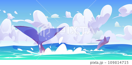 Cartoon sea or ocean landscape with jumping whales Cartoon sea or ocean landscape with jumping whales 109814715