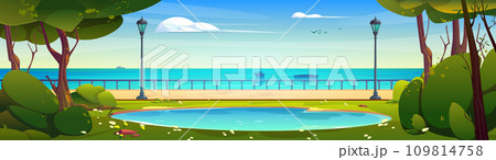 Cartoon sea or river landscape with city park Cartoon sea or river landscape with city park 109814758