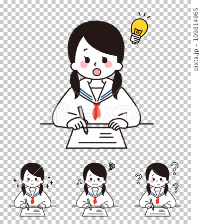 勉強をしている女子学生。さまざまな表情。 勉強をしている女子学生。さまざまな表情。 109814965