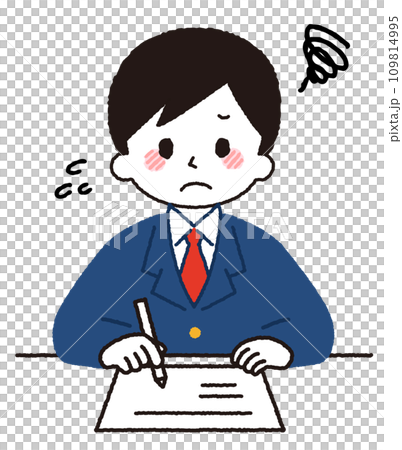 A male student studying. A worried expression. 109814995