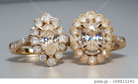 巨大なダイヤモンドの結婚指輪：黄金に光る豪華なお宝：失われた大陸の古代の秘宝【AI生成画像】 109815242