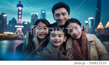 Happy chinese family selfie at the city background. Generative AI. 109815510