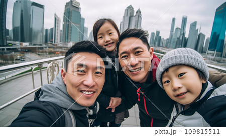 Happy chinese family selfie at the city background. Generative AI. 109815511