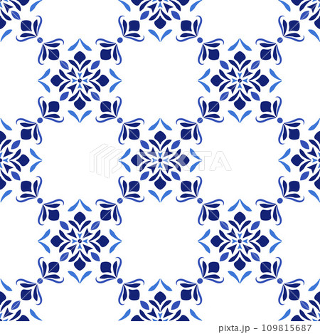 Azulejos portuguese traditional ornamental tile, blue and white seamless pattern 109815687