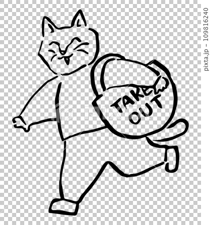 笑顔でTAKE OUTのバックを持つ猫の人(線画) 109816240