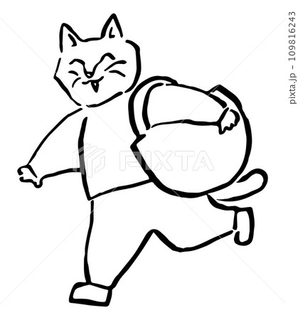 笑顔でバックを持つ猫の人(線画) 109816243