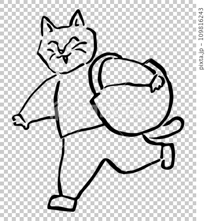 笑顔でバックを持つ猫の人(線画) 109816243