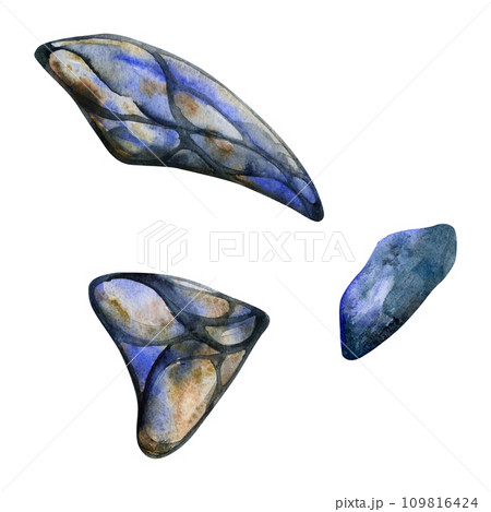 Hand drawn watercolor illustration butterfly fairy wings gem crystal insect moth. Sapphire larimar lapis lazuli. Set of objects isolated on white background. Design print, shop, wedding, birthday 109816424