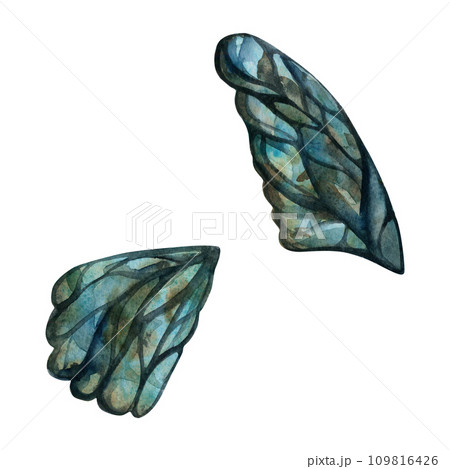 Hand drawn watercolor illustration butterfly fairy wings gem crystal insect moth. Emerald labradorite nacre pearl. Set of objects isolated on white background. Design print, shop, wedding, birthday 109816426