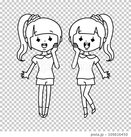 Girl coordinating twins/toothache pose/line drawing 109816450