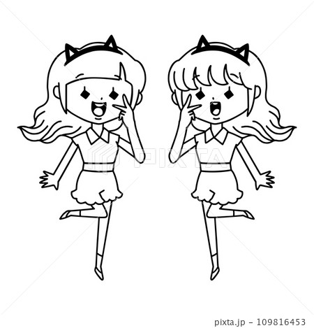 猫耳・双子コーデした女の子・線画 109816453