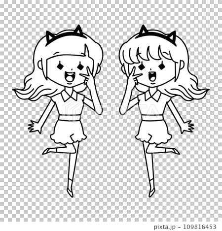 猫耳・双子コーデした女の子・線画 109816453