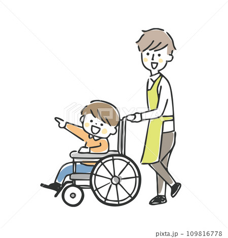 車椅子の男の子と男性スタッフ 109816778