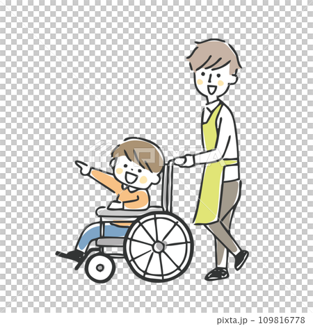 車椅子の男の子と男性スタッフ 109816778