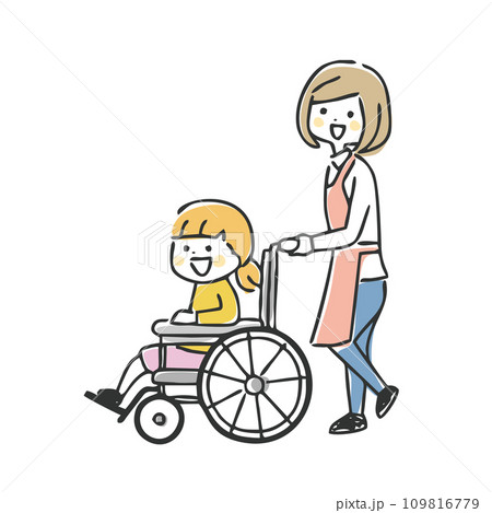 車椅子の女の子と女性スタッフ 109816779