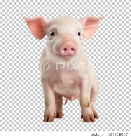 AI-generated content. Happy young pig isolated on white background. Funny animals emotions 109816997