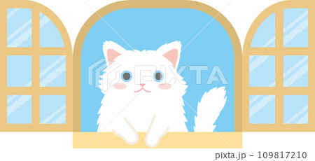 窓の外を見る猫のイラスト_窓からちょこんと手を出して覗く猫_白猫長毛種 窓の外を見る猫のイラスト_窓からちょこんと手を出して覗く猫_白猫長毛種 109817210