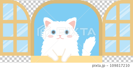 窓の外を見る猫のイラスト_窓からちょこんと手を出して覗く猫_白猫長毛種 窓の外を見る猫のイラスト_窓からちょこんと手を出して覗く猫_白猫長毛種 109817210