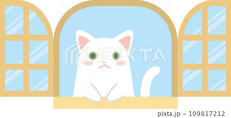 窓の外を見る猫のイラスト_窓からちょこんと手を出して覗く猫_白猫 109817212