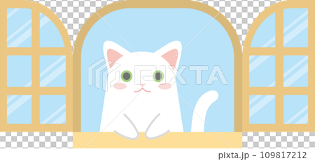 窓の外を見る猫のイラスト_窓からちょこんと手を出して覗く猫_白猫 109817212