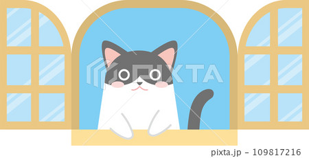 窓の外を見る猫のイラスト_窓からちょこんと手を出して覗く猫_白黒ハチワレ 109817216