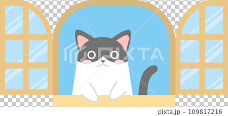 窓の外を見る猫のイラスト_窓からちょこんと手を出して覗く猫_白黒ハチワレ 109817216