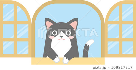 窓の外を見る猫のイラスト_窓からちょこんと手を出して覗く猫_白黒タキシード猫 窓の外を見る猫のイラスト_窓からちょこんと手を出して覗く猫_白黒タキシード猫 109817217