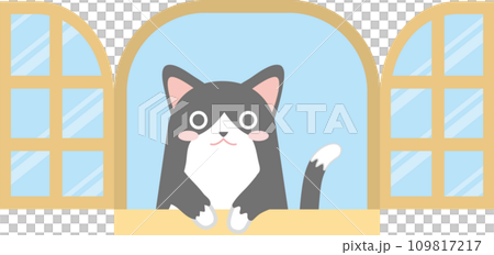 窓の外を見る猫のイラスト_窓からちょこんと手を出して覗く猫_白黒タキシード猫 窓の外を見る猫のイラスト_窓からちょこんと手を出して覗く猫_白黒タキシード猫 109817217