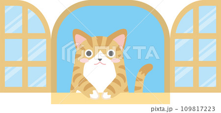 窓の外を見る猫のイラスト_窓からちょこんと手を出して覗く猫_チャトラ白 窓の外を見る猫のイラスト_窓からちょこんと手を出して覗く猫_チャトラ白 109817223