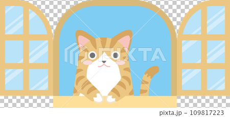 窓の外を見る猫のイラスト_窓からちょこんと手を出して覗く猫_チャトラ白 窓の外を見る猫のイラスト_窓からちょこんと手を出して覗く猫_チャトラ白 109817223
