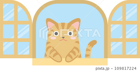 窓の外を見る猫のイラスト_窓からちょこんと手を出して覗く猫_チャトラ 窓の外を見る猫のイラスト_窓からちょこんと手を出して覗く猫_チャトラ 109817224