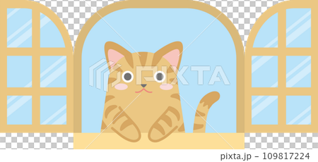 窓の外を見る猫のイラスト_窓からちょこんと手を出して覗く猫_チャトラ 窓の外を見る猫のイラスト_窓からちょこんと手を出して覗く猫_チャトラ 109817224