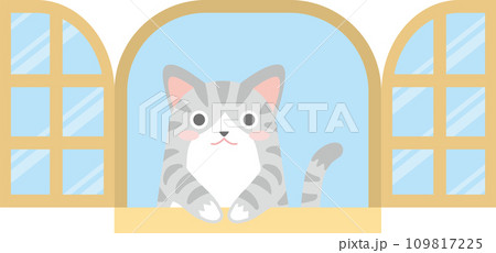 窓の外を見る猫のイラスト_窓からちょこんと手を出して覗く猫_サバ白 窓の外を見る猫のイラスト_窓からちょこんと手を出して覗く猫_サバ白 109817225