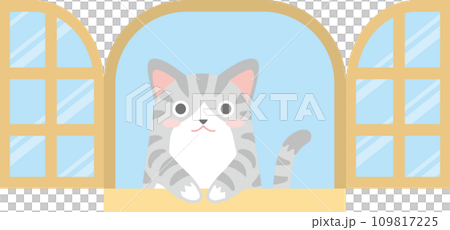 窓の外を見る猫のイラスト_窓からちょこんと手を出して覗く猫_サバ白 窓の外を見る猫のイラスト_窓からちょこんと手を出して覗く猫_サバ白 109817225