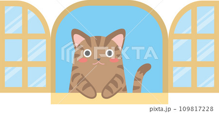 窓の外を見る猫のイラスト_窓からちょこんと手を出して覗く猫_キジ猫 109817228