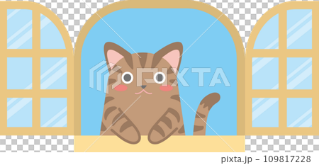 窓の外を見る猫のイラスト_窓からちょこんと手を出して覗く猫_キジ猫 109817228