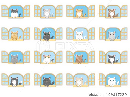窓の外を見る猫のイラスト_窓からおててを垂らしたニャンコ_16パターン 109817229