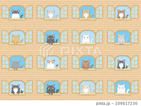 窓の外を見る猫のイラスト_窓からおててを垂らしたニャンコ_レンガの背景_薄黄色のレンガ 109817230
