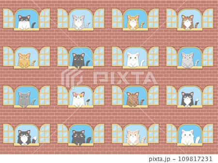 窓の外を見る猫のイラスト_窓からおててを垂らしたニャンコ_レンガの背景_赤れんが 109817231