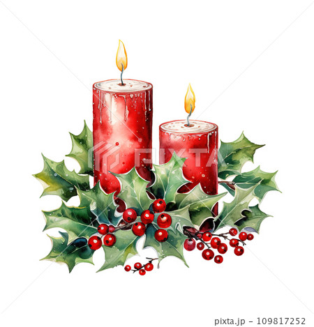 two red candles with holly leaves and red...のイラスト素材 [109817252] - PIXTA