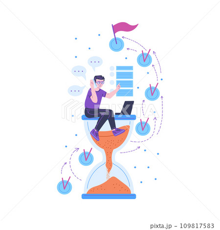 Tiny man sitting on hourglass, talking on the phone, working on laptop and complete tasks. 109817583