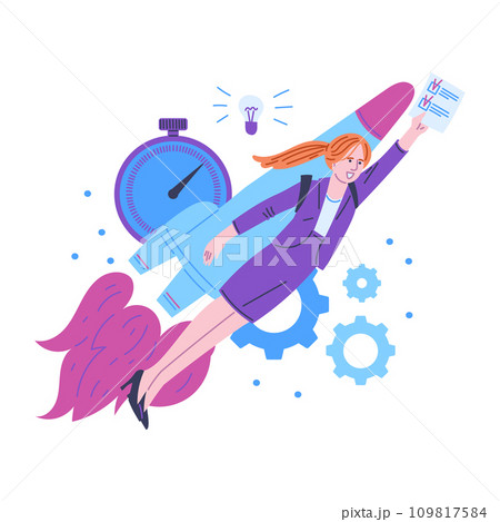 Woman flies up with the rocket, career and business, cartoon vector on white Woman flies up with the rocket, career and business, cartoon vector on white 109817584