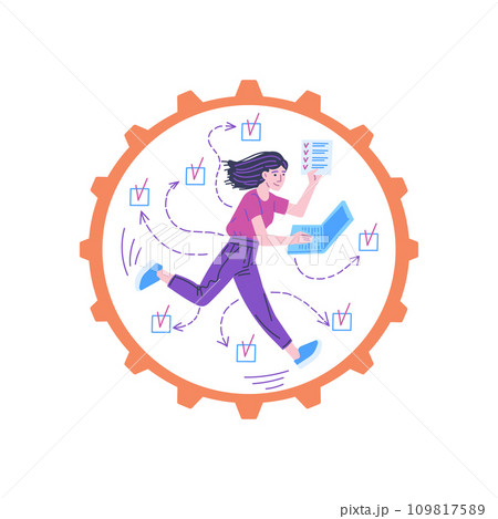 Woman runs in a wheel, productivity design concept, cartoon vector on white Woman runs in a wheel, productivity design concept, cartoon vector on white 109817589