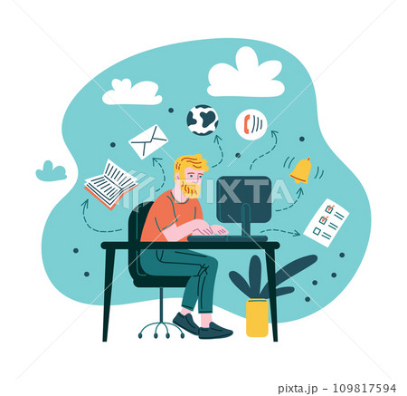 Man working at computer and doing many different tasks. Man working at computer and doing many different tasks. 109817594