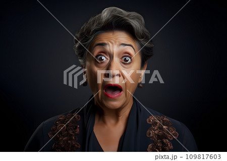 AI-generated content. Surprised gray-haired Latin American woman on black background. Neural network generated photorealistic image. 109817603